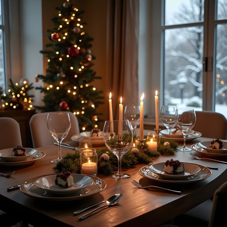 Christmas table setting with candles, cutlery and christmas tree in backgroundの素材
