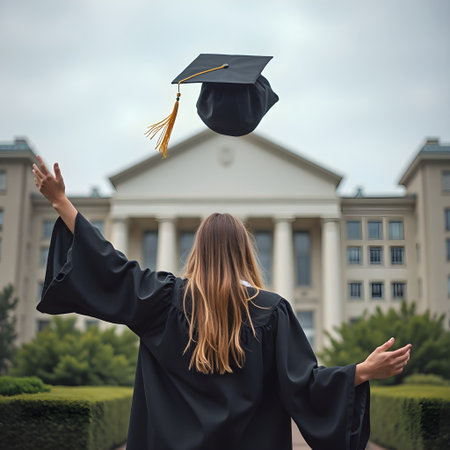 Back view of a young woman in graduation gown and cap throwing up her capの素材