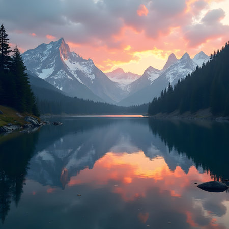 Mountains reflected in the lake at sunrise, Canadian Rockies, Alberta, Canadaの素材