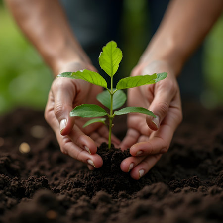 Closeup of female hands holding green sprout in soil on blurred backgroundの素材