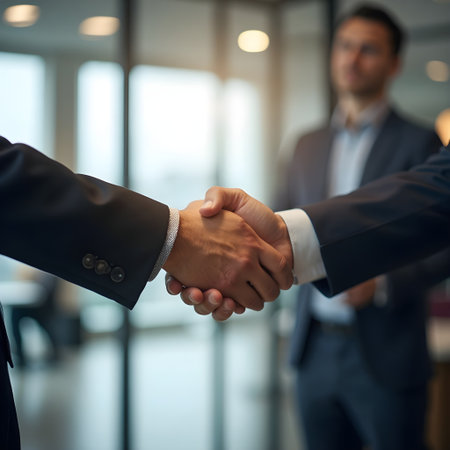 Close-up of two businessmen shaking hands in office. Business handshake concept.の素材