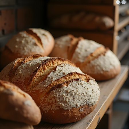 Freshly baked bread on a wooden shelf in a bakery. Selective focus.の素材