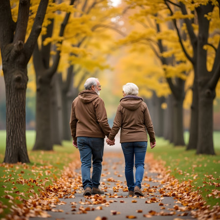 Senior couple walking in autumn park. Retired people lifestyle concept.の素材