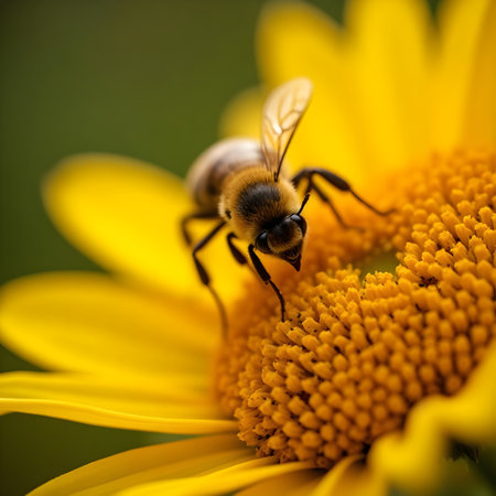 Bee on a yellow flower in nature. Shallow depth of field.の素材