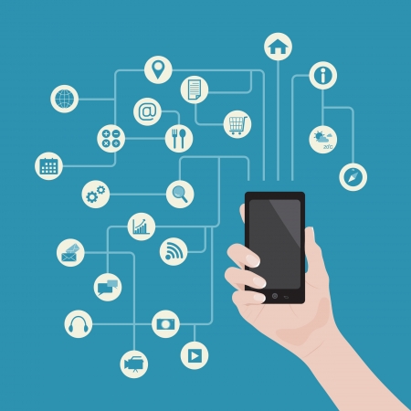 Smartphone in hand with applications background, vectorのイラスト素材