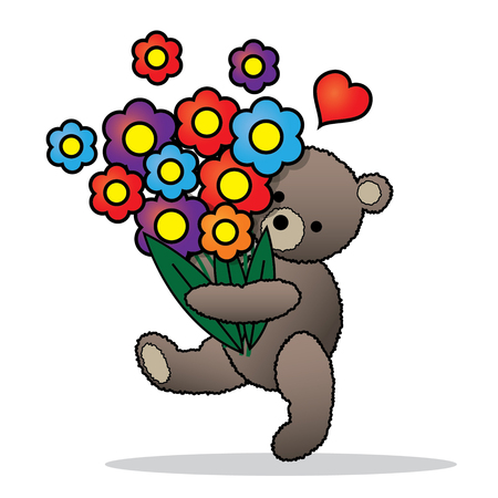 Teddy bear with the bunch of flowers -isolated on the white backgroundのイラスト素材