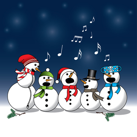 Snowman singing -choir, christmas carol isolated on blue and white backgroundのイラスト素材