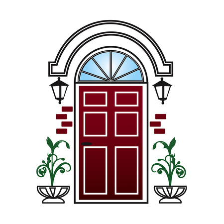 Red door with lanterns and topiary on white background illustration.のイラスト素材