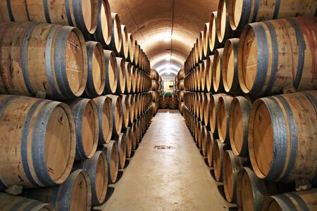 Wine in wooden barrels is stored for aging in the cellars of the plant. Elciego, Spain June 22,...
