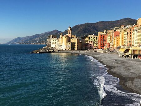 Basilica of Santa Maria Assunta in Camogli on the Mediterranean coast on a sunny day. Italy, December 2017.のeditorial素材