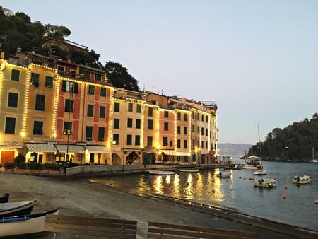 Beautiful cozy little resort town of Portofino in the evening. Italy, December 2017.のeditorial素材