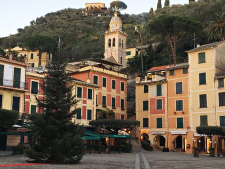 Beautiful cozy little resort town of Portofino in the evening. Italy, December 2017.のeditorial素材
