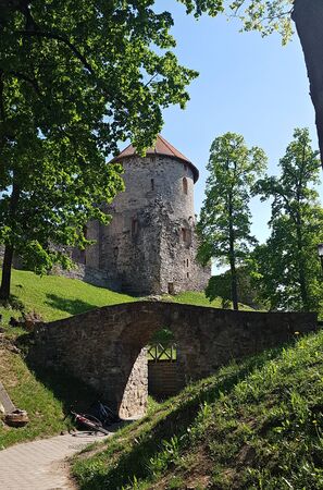 Cesis medieval castle is a historical decoration of the Latvian city of Cesis. May 2019.のeditorial素材