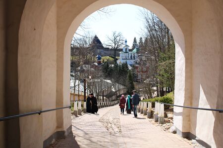 Pskov-Caves Monastery in the Russian city of Pechory on a clear sunny day. April 2019.のeditorial素材