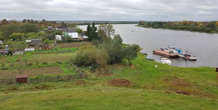 Vokhov River and the outskirts of the village of Chudovo in the Novgorod region of Russia in September 2018.のeditorial素材