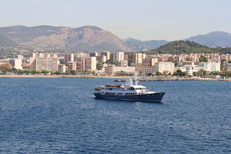 Small passenger ship on the raid of the Corsican port of Ajaccio in September 2019.のeditorial素材