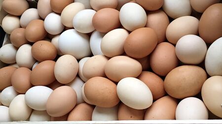 White and beige chicken eggs in a box prepared for Easter.