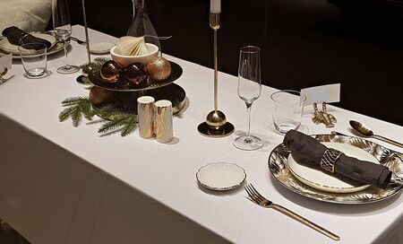 Dining table setting at Riga Shopping Center Riga Plaza. Latvia, January 2020.のeditorial素材
