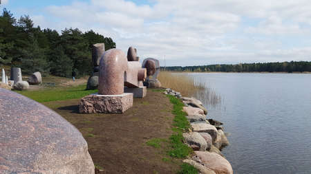 Marble sculptures on the banks of the Lielupe River in Latvia. May 2020.のeditorial素材