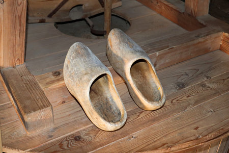 Traditional Dutch wooden Klompa shoes worn by people in ancient times