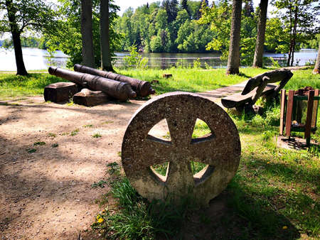 Ancient cannons on the shore of the Daugava River in the outskirts of the Latvian capital Riga in...