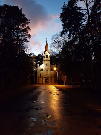 Evangelical Lutheran Church in the Latvian city of Jurmala after sunset on December 25, 2020.のeditorial素材