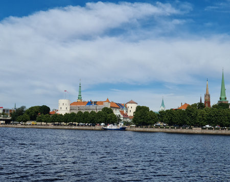 Beautiful panorama from the side of the river to the Latvian capital Riga on a summer day 2021のeditorial素材
