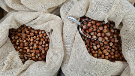 Healthy hazelnuts are packed into bags for sale at the market