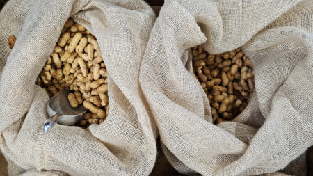 Peanuts healthy nuts are poured into bags for sale at the market