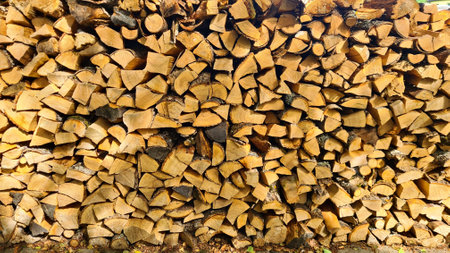 Stacked chopped wood is prepared for the stove in the village for the winter