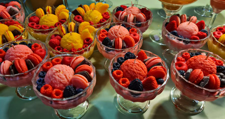 Decorative various desserts of ice cream and assorted berries made of colored waxの写真素材