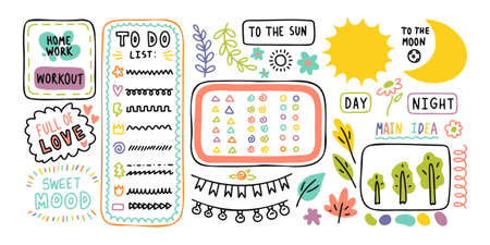 Diary cute note elements. Hand drawn doodles bullet journal banners.のイラスト素材