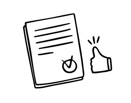 approved document symbol for approval, accredited, agreement doodle hand drawn icon. Outline line drawing clipart symbolのイラスト素材