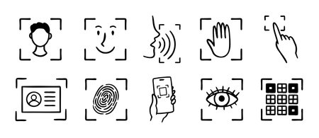 biometric scanning icon set. Identification individual by eye, fingerprint, or pass doodle hand drawn icon. Outline drawing ID verification line clipart symbolのイラスト素材