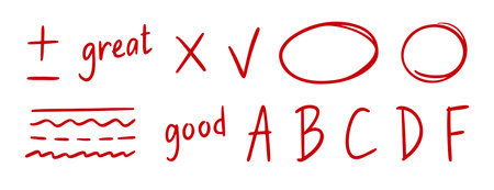 grading doodle element set. Red grades result, round accent line, plus and minus sign, school exam...