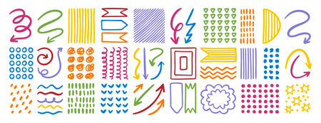 Colorful doodle design elements set, arrows, dots, lines and textures for creativeのイラスト素材