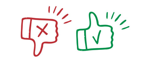 like and dislike hand drawn doodle icons. Thumbs up and thumbs down crayon chalk drawing vectorのイラスト素材
