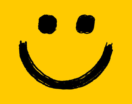 Smiling emoticon positive yellow face. Smile and positive feelings brush doodle hand drawn grunge element. Happy face. Distressed texture.のイラスト素材