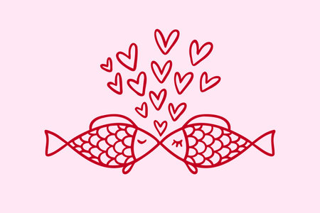 two kissing fish and hearts floating like bubbles. Doodle hand drawn outline characters fish kiss love icon. Valentines Day or greeting cards, prints and stickersのイラスト素材
