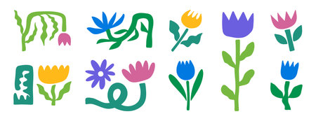 Abstract flowers plants set. flowers and leaves. hand drawn naive art, infantile style art. colorful trendy flower bold elementsのイラスト素材