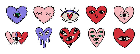 funny groovy heart character with eyes. Colorful cartoon creative trendy illustration doodle hand drawn icon hearts with eyes set.のイラスト素材