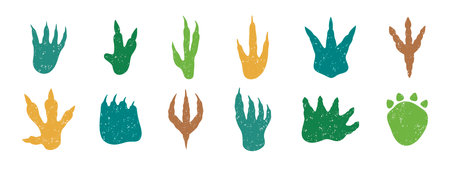 Dinosaur footprint silhouette textured grunge doodle hand drawn icon set. Drawing line clipart...