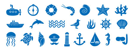 hand drawn doodle sea silhouette elements. marine ships, sailors and underwater plants, shells, starfish and corals.のイラスト素材