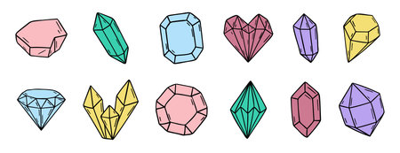 Doodle diamond and crystals doodle hand drawn icon set. Outline drawing line clipart symbol collectionのイラスト素材