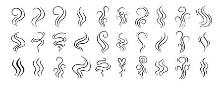Fire steam or Line smoke doodle hand drawn set. smell waves from food or coffee and beverages sketch style.のイラスト素材