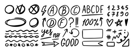 Grading hand drawn doodle set elements for school. Knowledge testing marks. grades results, frame accent line, plus and minus signs, check mark and cross mark, underlines, arrows.のイラスト素材