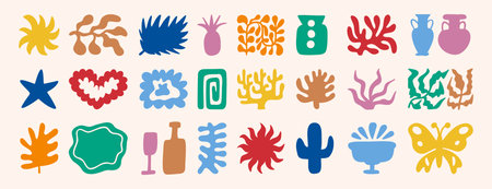 abstract matisse organic shapes set. leaf, plants, cactus, vase collage style. Contemporary aesthetic colorful element collectionのイラスト素材