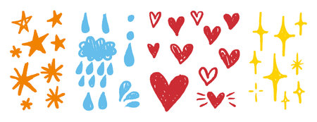 Cute pencil crayon textured hearts, drops, stars set. simple doodle hand drawn emotional icons symbolsのイラスト素材