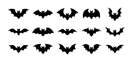 Halloween black bat isolated silhouettes holiday horror, vector cartoon icons. Flying vampire bat silhouettes for Halloween and trick or treat party scary and spooky decorationのイラスト素材