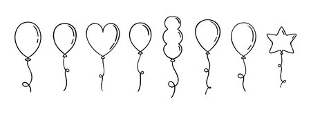 Balloon doodle hand drawn icon set. Outline drawing balloon line clipart symbol collectionのイラスト素材